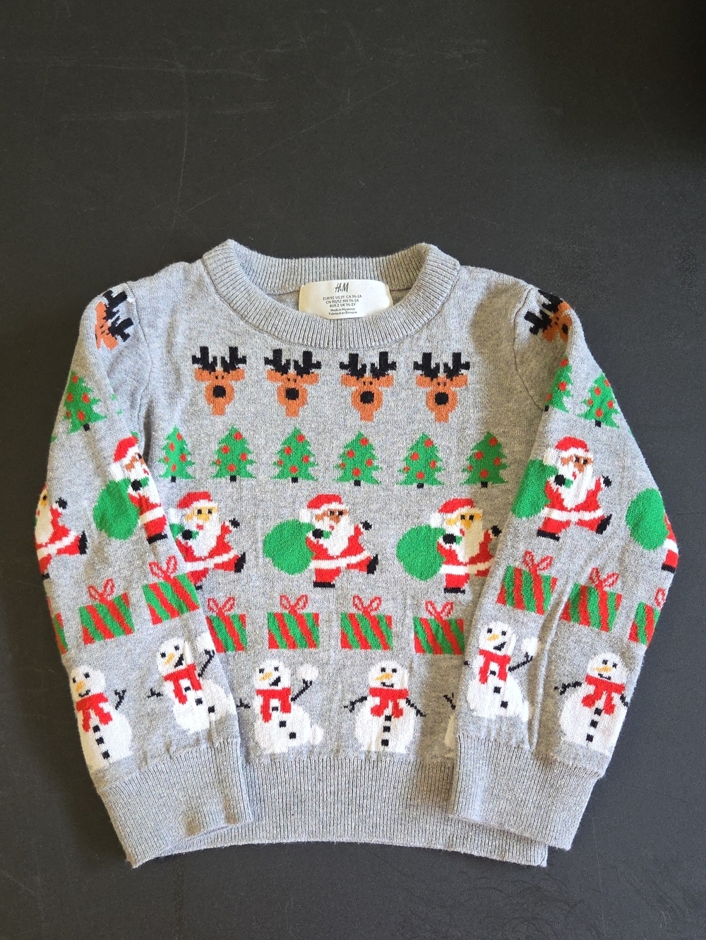 H&M Gray Holiday Crewneck Sweater with Santa, Snowmen & Reindeer